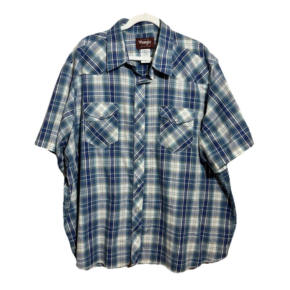 Wrangler Western Shirt Mens 3XL Blue White Plaid Pearl Snap Cowboy Rodeo